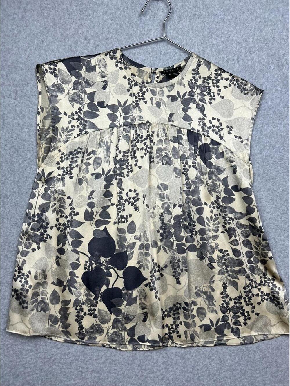 Theory Silk Satin Blouse Womens Petites Short Sleeve  Romantic Office Work
